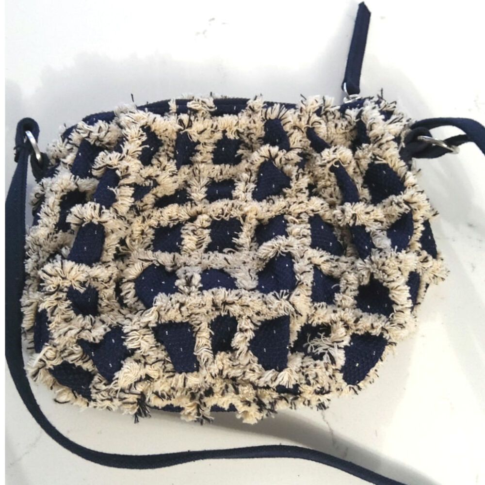 Free People Zamora Fringed Crossbody Bag in navy/cream strap boho cottagecore - Picture 3 of 8